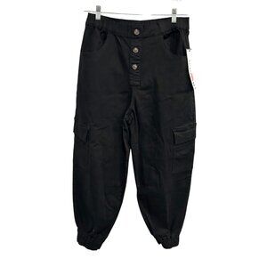 Almost Famous Womens Cargo Pants Black Size L Elastic Waist Cuffs Button Front